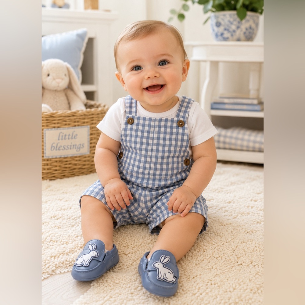 Tommy Bahama Blue and White Gingham Overalls with Bunny Appliqué Shoes
